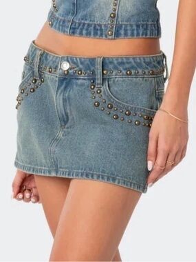 Edikted Blue Studded Denim Mini Skirt